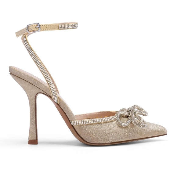 DREAM PAIRS GOLD GLITTER HEELS WITH CRYSTAL BOW SIZE 8.5 - Picture 3 of 15